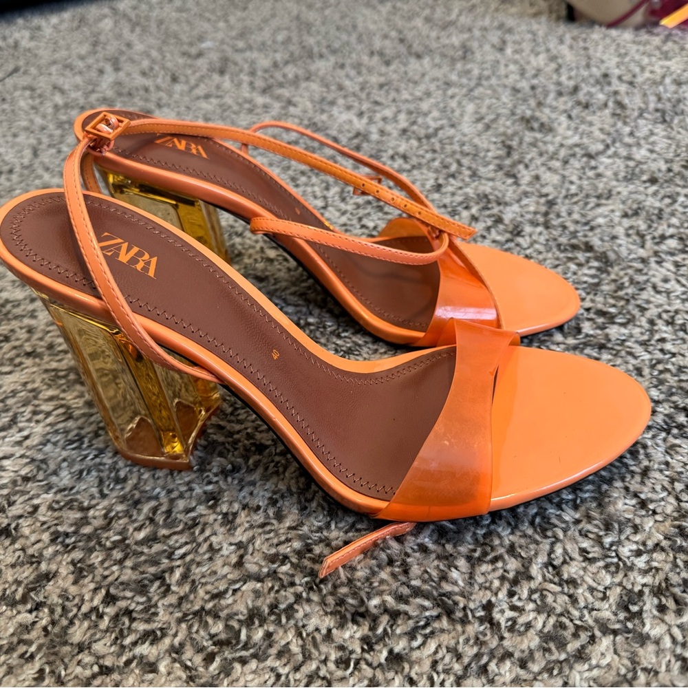 Zara Orange Heels with Transparent Block Heel- Brand New